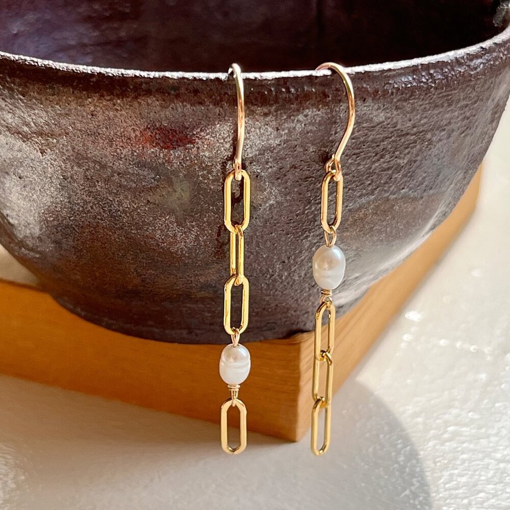 Paperclip Chain Rice Pearl Drop Earrings Gold Filled Statement Earrings